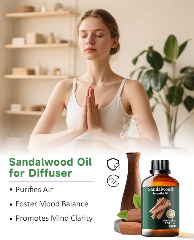 Pure Sandalwood Essential Oil, Mumianhua Natural Sandalwood Oil for Diffuser Aromatherapy, Skin, Hair, Massage, Candle, Soap Making, Evening Meditation, Calm Connection, Woody Grounding 3.38 Fl Oz - Bloomnest