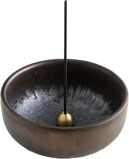 Asayu Japan Zen Incense Holder – 3.9" (100 mm) Ceramic Incense Bowl with Brass Burner, Made in Japan Mino Ware, Modern Wabi-Sabi Style in Metallic Black, Brown & Gold - Bloomnest