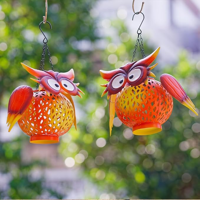 Starsoul 2 Pack Owl Hanging Solar Lanterns Waterproof Solar Garden Lights Outdoor Decorative Metal Owl Lamp Decor for Patio Yard Table - Bloomnest