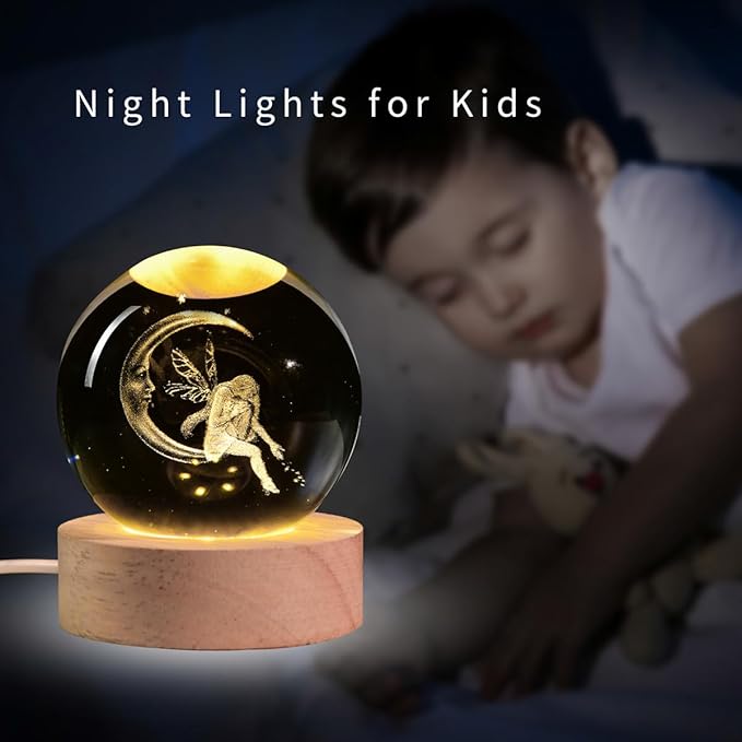 3D Fairy Crystal Ball with LED Stand, Fairies Figurines Lamp Night Light, Fairy Moon Decor Glass Sphere Balls Gifts for Women Girls Mom Kids(60mm) - Bloomnest