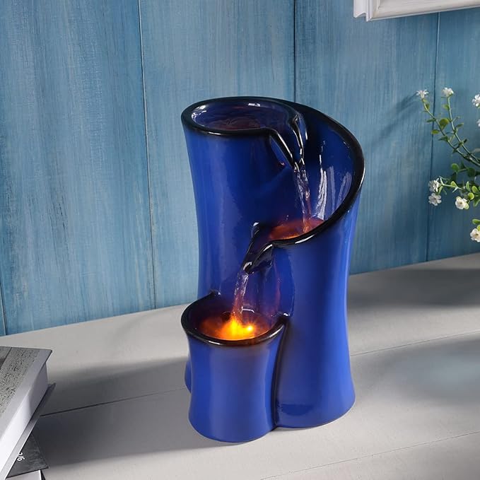 Indoor Water Fountain Imitation Ceramics Appearance Tabletop Relaxation Desktop Waterfall w/ 3 Reflective led, 9.8 Inch Tall (Blue) - Bloomnest