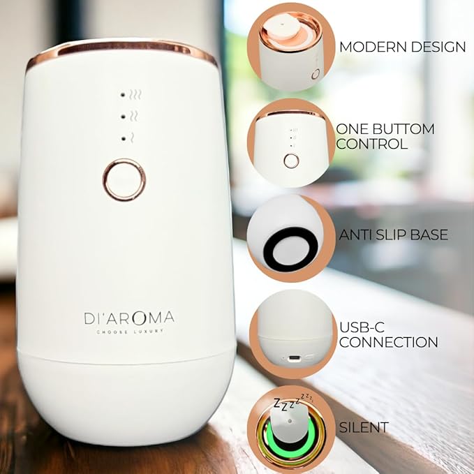 Waterless Essential Oil Diffuser – Portable Nebulizing Aroma Oil Diffuser for Car, Home & Office, USB Rechargeable, Silent Operation, No Water Needed, Di'Aroma (White) - Bloomnest