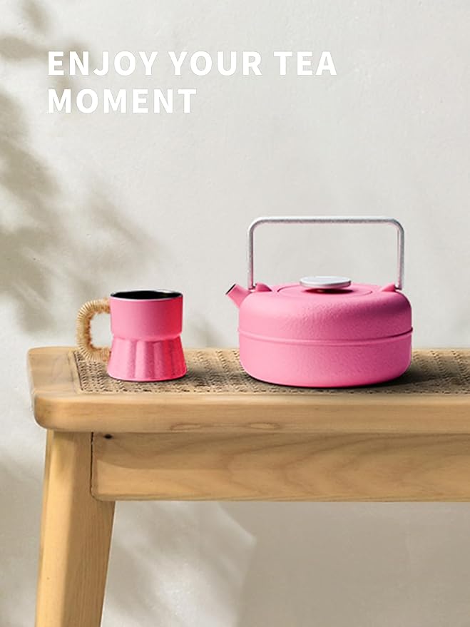 Toptier Teapot with Removable Infuser, Cast Iron Tea Kettle Stovetop Safe, Solid Geometry Cylinder Design Tea Pot Coated with Enameled Interior for 27 Ounce (800 ml), Rose Red - Bloomnest