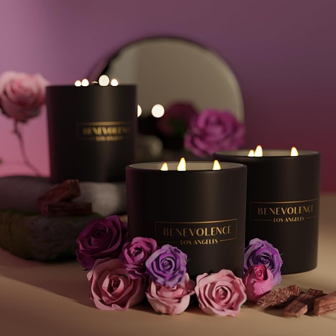 Benevolence LA 3 Wick Candle, Rose & Sandalwood Large Scented Candle | Soy Candles | Gifts for Women and Men | Home Fragrance | Aromatherapy | Bathroom Freshener 14.5 Oz, 45 Hour Burn - Bloomnest