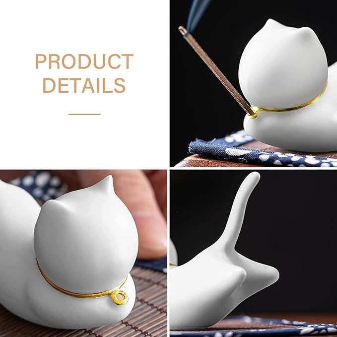 Cat Incense Stick Holder with A Mat and 1 box Incense Stick Cute Ceramic Incense Burner for Stick Incense Ash Catcher for Home,Office,Yoga Meditation Stress Relief Gift for Cat Lovers (White Cute Cat) - Bloomnest