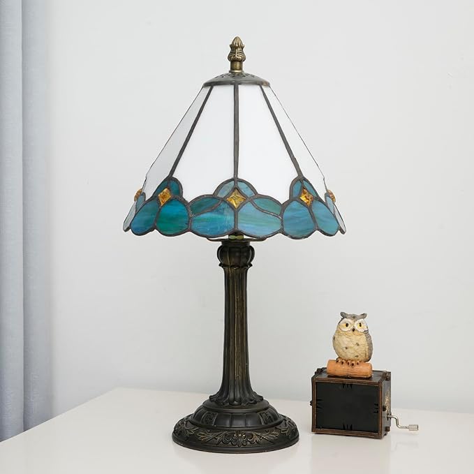 White Tiffany Lamp Small Bedside Dector Light Vintage Stained Glass Table Lamp Living Room Night Lamp Farmhouse Cute Blue Green Butterfly Wings Style Bedroom Nightstand Desk Lamps 8 Inch Mini Gift - Bloomnest