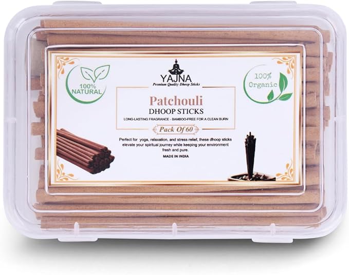 Yajna Patchouli-100%-Natural-Incense-Bambooless-Dhoop-Sticks Handmade-Organic-Chemicals-Free for-Purification-Relaxation-Positivity-Yoga-Meditation The-Best-scents-4.5-Inches-60-Count