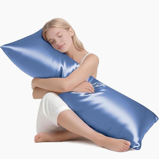 MR&HM Satin Body Pillow Cover, Soft and Breathable Body Pillow Case with Envelope Closure, Cooling and Silky Long Pillowcase for Hair and Skin,Grey (20x54, Sky Blue) - Bloomnest