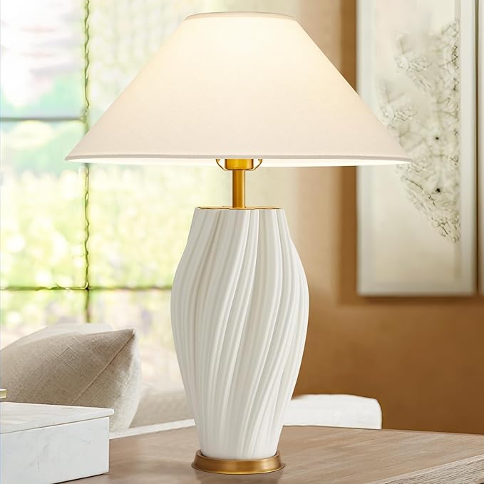Modern Plug in Ceramic Table Lamps 24.5In, White Textured Table Lamp Tables Decorative for Living Room Bedroom Bedside Nightstand Room Office - Bloomnest
