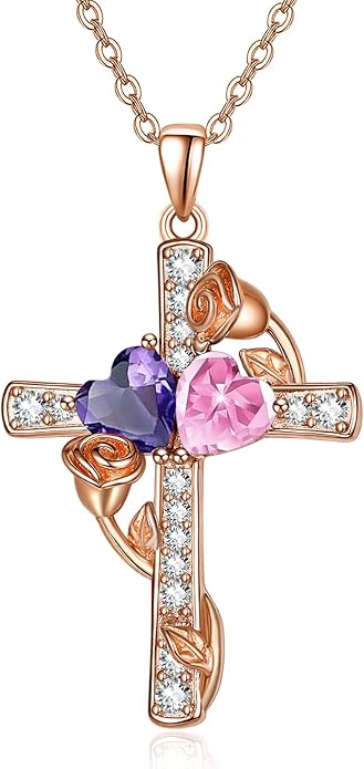 Rose Gold Dual Birthstones Cross Necklace for Women Rose Flower Jewelry Anniversary Christmas Mother's Valentine's Day Birthday Gift for Wife Girlfriend Mom - Bloomnest