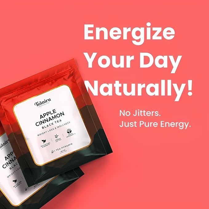 Teaniru, Apple Cinnamon Black Tea - Pure Leaf Tea |100 Pyramid Tea Bags, Individual Sachets | Energy Tea - Low Caffeine | 100% Natural Ingredients - Brew Hot or Cold | Thanks Giving - Bloomnest