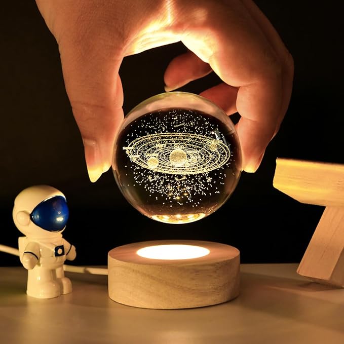 Solar System 3D Crystal Ball with LED Stand, 60mm Galaxy Model Decor Glass Sphere Lamp Night Light, Space Universe Astronomy Gifts for Women Men Mom Kids - Bloomnest