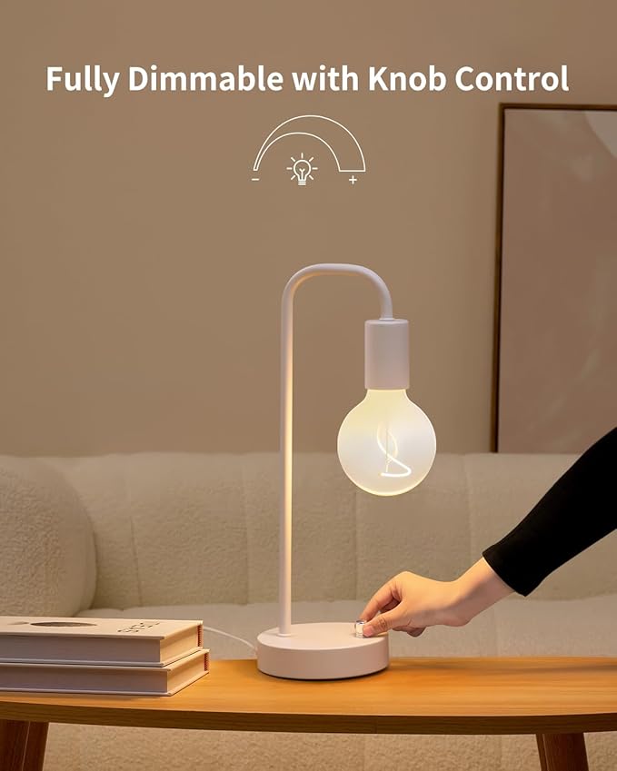ONEWISH Industrial Small Table Lamp for Bedroom, Fully Dimmable Modern Beside Lamps with 2700K Warm Light Bulb for Kids Reading, White Nightstand Lamps for Living Room, Dorm,Home Office - Bloomnest