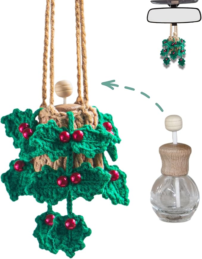 Handmade Crochet Car Air Freshener - Crochet hanging holly plants with 12ml Empty Refillable Oil Diffuser Bottle, Green Car Accessory for Mirror Decor and Home Decor - Bloomnest