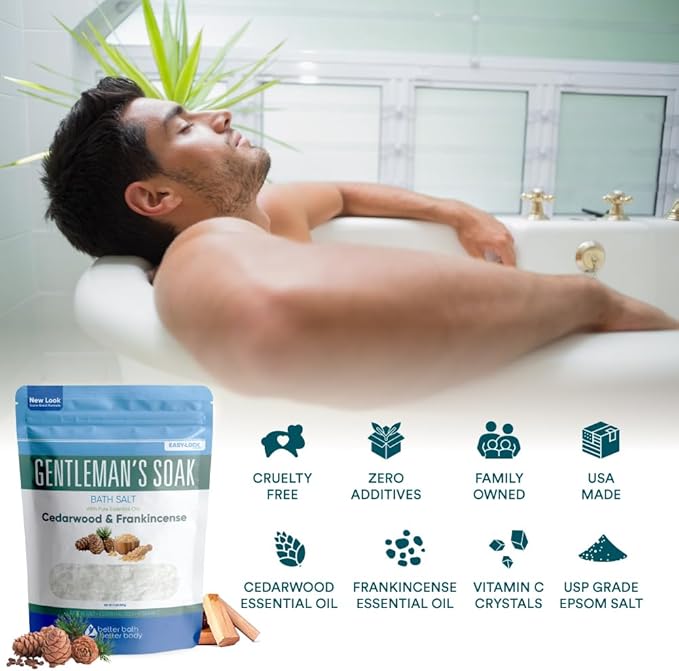 Gentleman's Bath Salt 32 Ounces Epsom Salt with Natural Cedarwood, Frankincense, Eucalyptus and Peppermint Essential Oils Plus Vitamin C in BPA Free Pouch with Easy Press-Lock Seal - Bloomnest