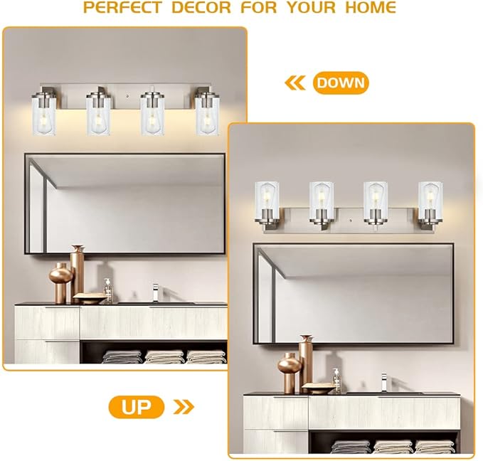 BONLICHT 4-Light Bathroom Light Fixtures Brushed Nickel Wall Sconce Lighting Modern Vanity Lights with Seeded Glass, Industrial Bathroom Farmhouse Wall Lamp for Mirror Kitchen Bedroom Living Room - Bloomnest