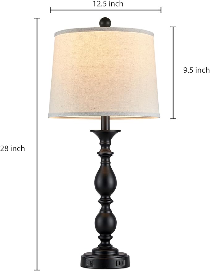 28" Tall Modern Table Lamps Set of 2 with USB C+A Ports and AC Outlet, 3 Way Touch Metal Bedside Lamps for Living Room, Black Farmhouse Nightstand Lamps for Bedroom - Bloomnest