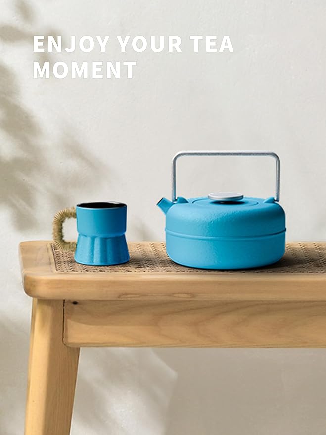 Toptier Teapot with Removable Infuser, Cast Iron Tea Kettle Stovetop Safe, Solid Geometry Cylinder Design Tea Pot Coated with Enameled Interior for 27 Ounce (800 ml), Blue - Bloomnest