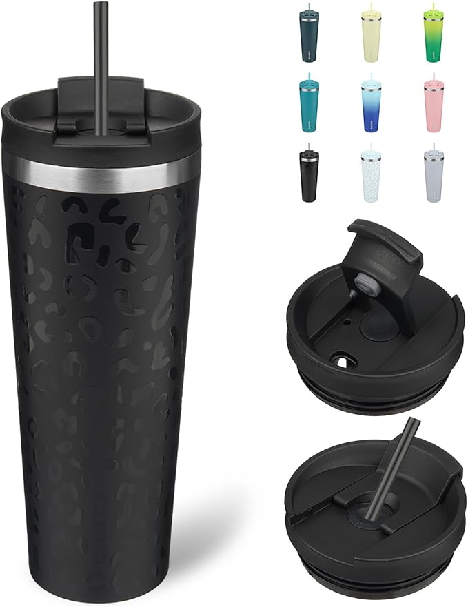 BJPKPK 26oz Insulated Tumbler With lid And Straw Stainless Steel Tumblers Travel Coffee Mug Reusable Thermal Cup,Black Leopard - Bloomnest