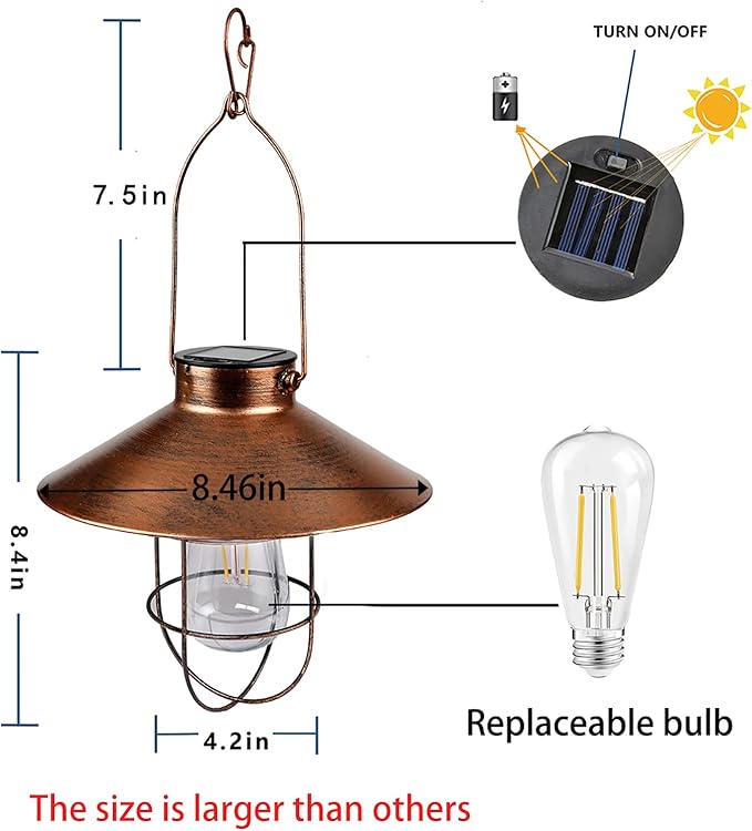 pearlstar Solar Lantern Outdoor Hanging Light Metal Farmhouse Solar Lamp with Warm White Edison Bulb Design for Garden Yard Patio Porch Decor (Brushed Copper) - Bloomnest