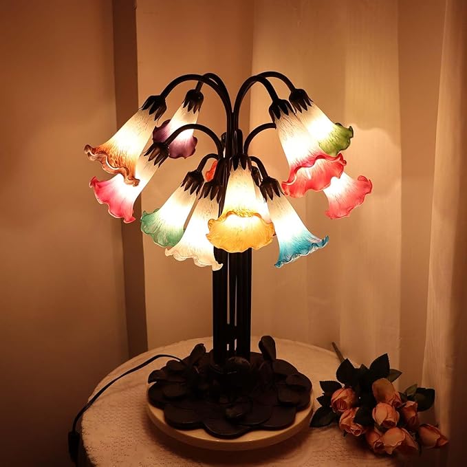 Bieye L10952 Lily Flower Blown Glass Accent Table Lamp for Living Room Bedroom Decoration (Multicolor, 12-Light) - Bloomnest