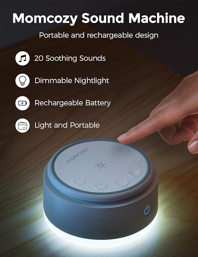 Momcozy Sound Machine for Baby | Portable White Noise Sound Machine for Sleep Rechargeable | 20 Sleep Sounds White Noise Machine with Nursery Night Light | Travel Sleep Sound Machine Battery Based - Bloomnest