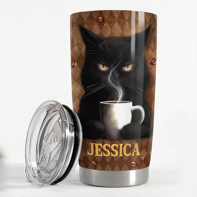 SANDJEST Personalized Black Cat Tumbler Funny Coffee 20oz 30oz Tumblers with Lid Gift for Women Girl Daughter Sister Mom Cat Lovers Christmas Birthday - Bloomnest