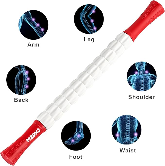 Muscle Roller Massage Roller Stick- Deep Tissue Fascia Blaster for Myofascial Pain Relief, Lymphatic Drainage & Body Sculpting, Handheld Physical Therapy & Recovery Tool (Red White-20 inch) - Bloomnest