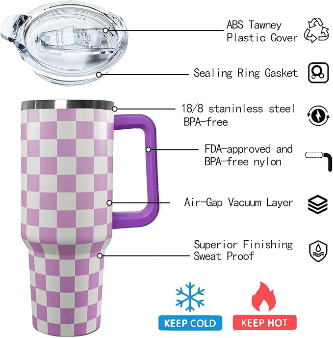 Ceovfoi 40 Oz Checkered Tumbler with Handle Lid and Straw, Purple Checkered Tumbler Water Bottle Travel Coffee Cup Mug,Checkered Gifts for Women - Bloomnest