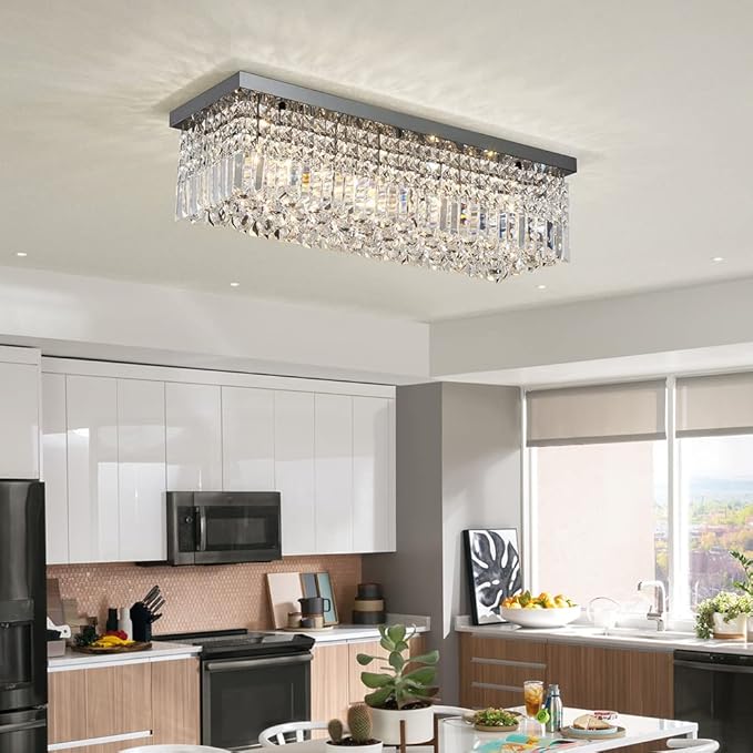 Saint Mossi 22010 5-Lights Modern K9 Crystal Chandelier, Island Design, Flush Mount Ceiling Light, H9 x W10 x L31, Clear Crystal & Pearl Black Finish - Bloomnest