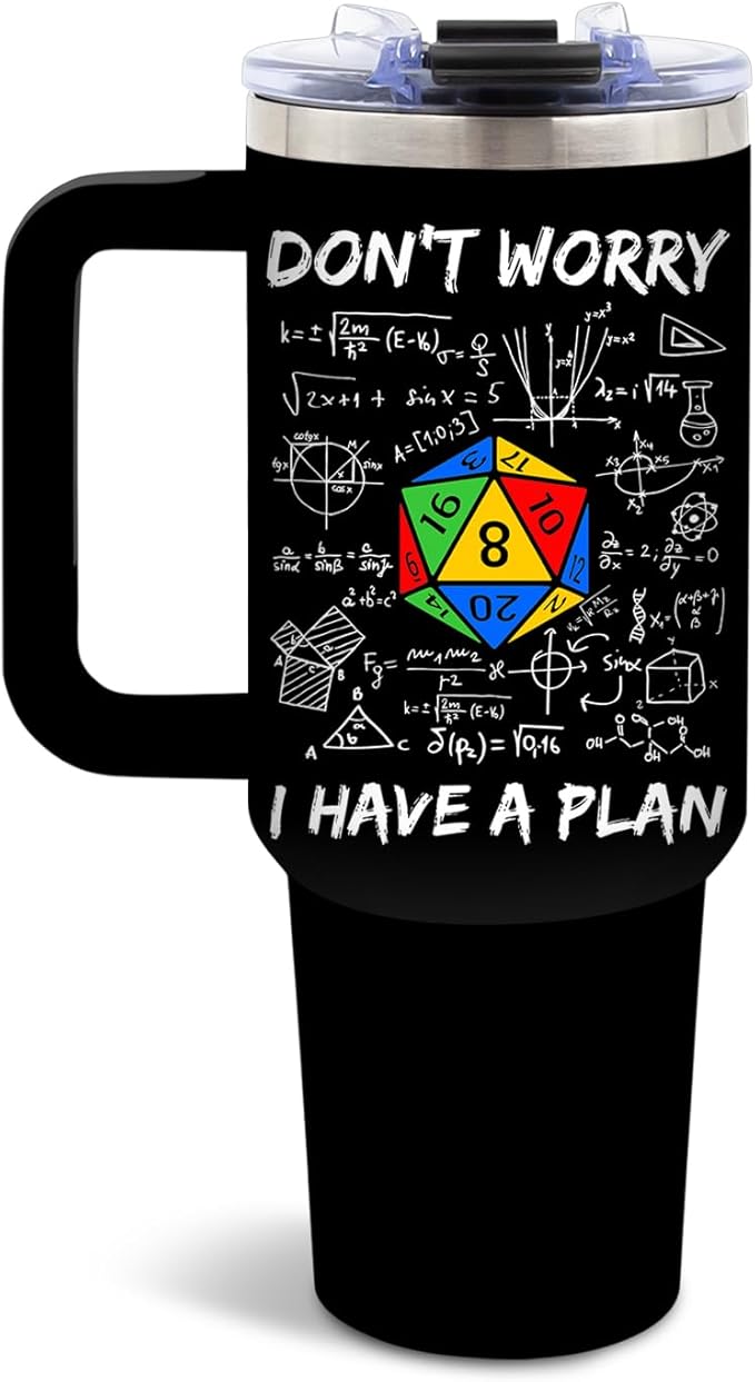 DUUV Funny Tumbler 40 Oz with Handle, Don't Worry I Have a Plan Dice and Math Design, Sarcastic Nerd Gifts for Gamers Math Lovers, Birthday Christmas Gift, 1PCS - Bloomnest