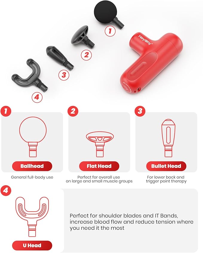 Super Mini Massage Gun Deep Tissue with 4 Attachments, Handheld Portable Mini Travel Size Percussion Deep Tissue Massager with 5 Speeds, Massager Gun Ideal Gift for Man & Women, Red - Bloomnest