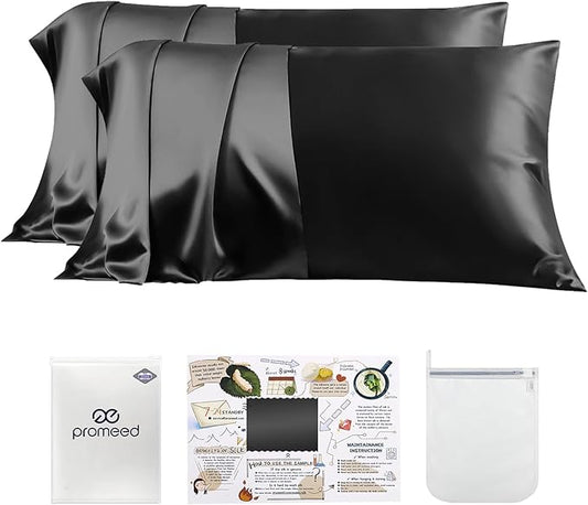PROMEED 23 Momme Silk Pillowcase 2 Pack with Zipper, 3rd Gen Grade 6A+ 100% Mulberry Silk Pillow Case Set of 2, Cooling Pillow Cases for Hot Sleepers (Standard 20"x26", Black) - Bloomnest