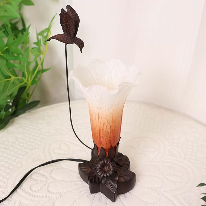 Bieye LL01 Hummingbird Flying Over Lily Flower Blown Glass Table Lamp for Home Decor (Orange White, 4.25Wx12H)