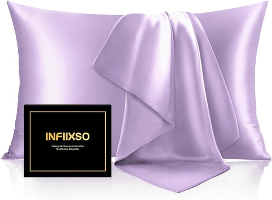 INFIIXSO Silk Pillow Cases 2 Pack Standard Size, Ultra Smooth & Soft Mulberry Silk Pillow Case for Hair and Skin, Breathable Cooling Silk Pillowcase with Hidden Zipper (Lavender, 20x26 Inches) - Bloomnest