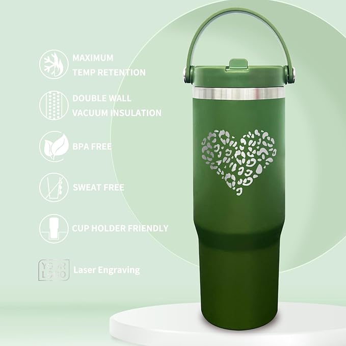 30 oz Tumbler with Handle, Double Wall Vacuum Insulated Tumblers with Flip Straw, Coffee Mug 30oz Powder Coated Cup for Hot and Cold Drinks(Army Green,8 pack)