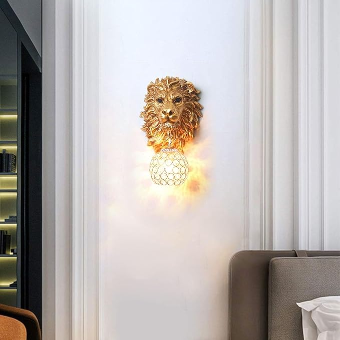 Vintage Wall Sconces Set of Two, Gold Lion Sconces Wall Decor Set of 2, Decorative Resin Animal Wall Light with Crystal Beaded Shade, Luxury Wall Lamp for Living Rooom Bedroom Hallway Stairway - Bloomnest