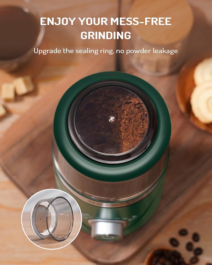 SHARDOR Electric Super Silent Blade Coffee Grinder, Timed Grind Control Rotary Knob, Adjustable Coarse to Fine for Coffee Beans, Spices & Herbs, with 1 Removable Stainless Steel Bowl, Green - Bloomnest