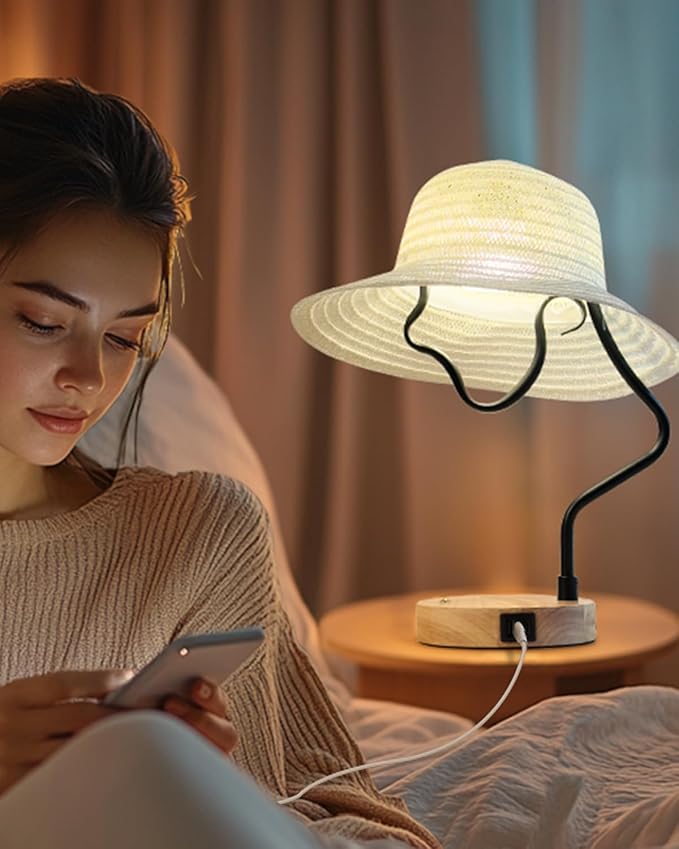 Touch Control Modern Table Lamp - Creative Hat Desk Lamp with USB C and A Ports, Cute Bedside Lamp, Wooden Base,Glass Shade, Unique Lamps for Home Decor, Living Room, Gifts (Hat Not Included) - Bloomnest