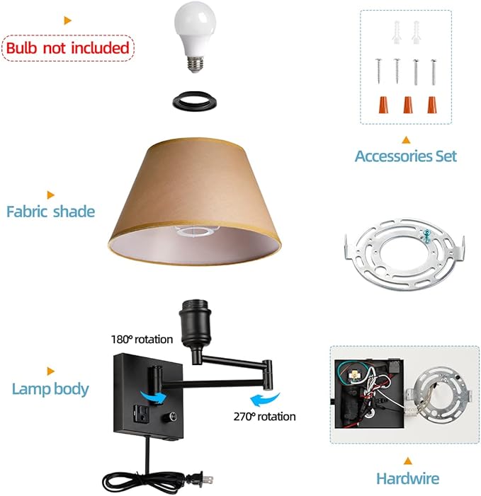 Swing Arm Wall Sconces, Plug-in Wall lamp,Bedroom Wall lamp ， White Fabric Shade with dimmable Switch and USB Charging Port,Suitable for Bedside,Living Room,Reading (Black. Gold Shadow) - Bloomnest
