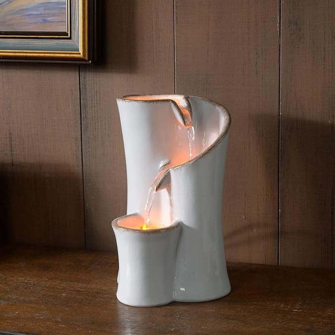 Haobos Indoor Water Fountain Imitation Ceramics Appearance Tabletop Fountain Relaxation Desktop Waterfall w/ 3 Reflective led, 9.8 Inch Tall Fountain (Grey) - Bloomnest