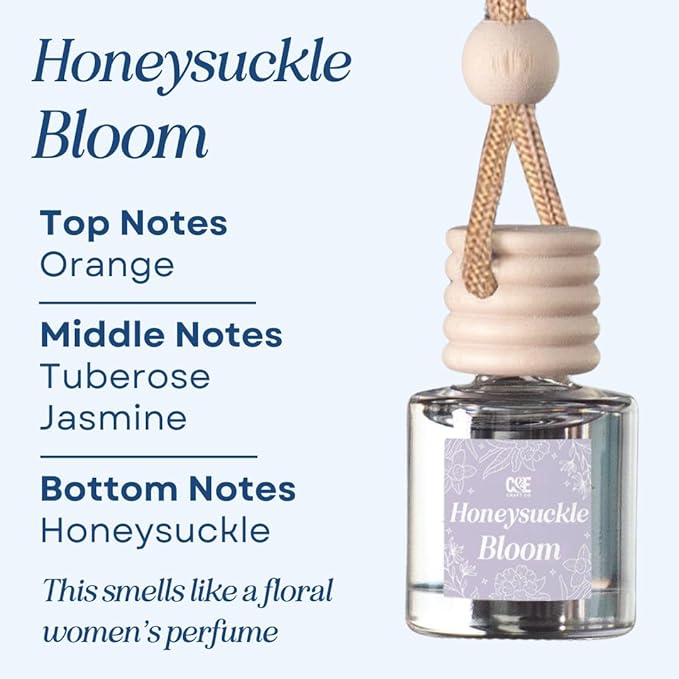 C&E Craft Co Hanging Car Air Freshener Diffuser 2 Pack, Long Lasting Fragrance Oil Car Freshener, Glass Bottle Auto Air Freshener, Made in USA (Honeysuckle Bloom) - Bloomnest