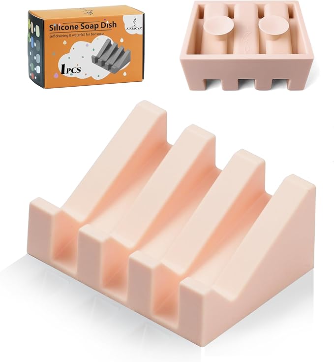 Silicone Soap Dish with Drain, Upgrade Double Suction Cups at The Bottom for Anti-Slip and Stability, Soap Dish Shower Waterfall Bar Soap Holder Tray with Drain Soap Holder (1, Pink) - Bloomnest