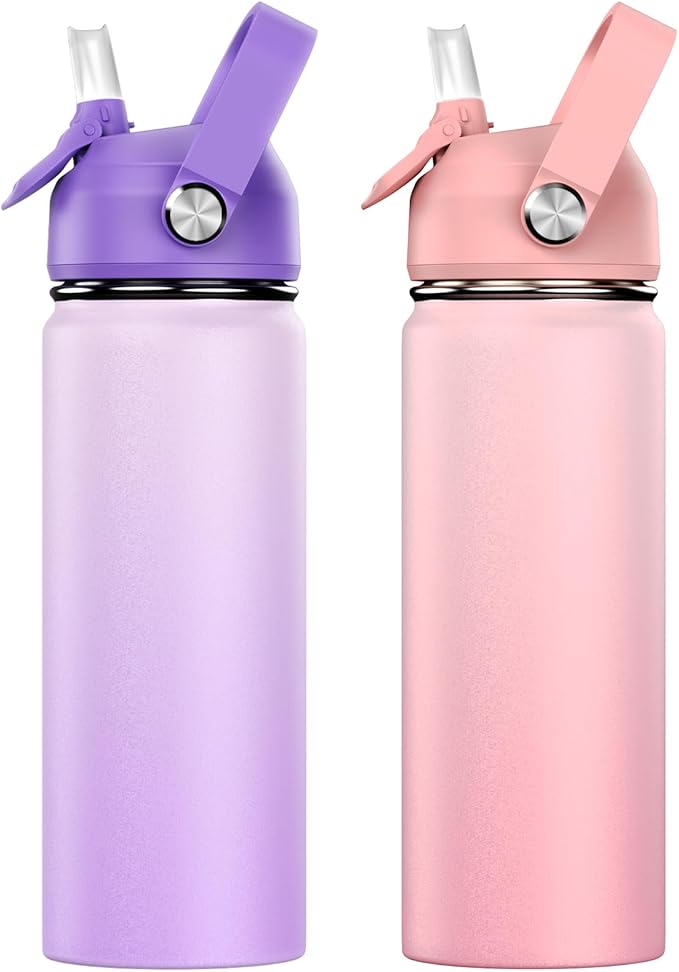 18oz Kids Insulated Water Bottle with Straw Lid - 18/8 Stainless Steel Kid Cup Travel Tumbler Double Wall Vacuum Leak Proof Portable Toddler Water Bottle (Pink+Purple） - Bloomnest