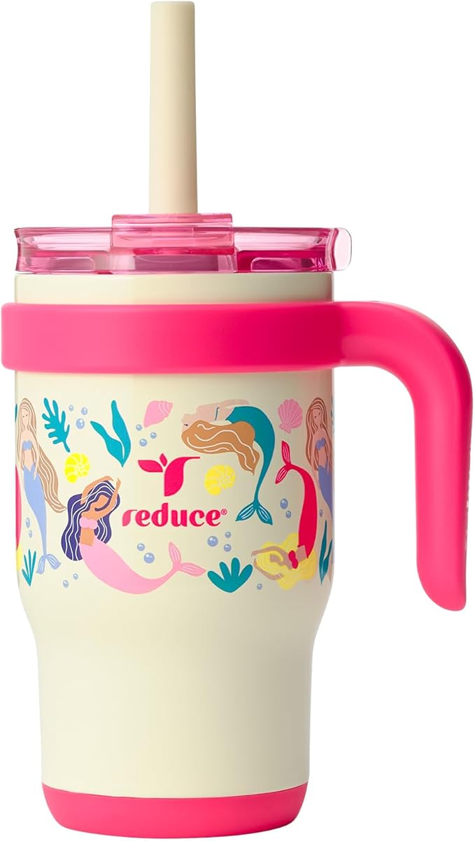 REDUCE 14 Oz Coldee Kids Tumbler with Lid and Straw - Coldee Insulated Travel Mug - Spill-Proof, Sweatproof Stainless Steel, BPA-Free - Includes Handle, Reusable Silicone Straw - Pink Mermaid - Bloomnest