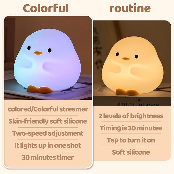 Duck Silicone Night Light for Kids - Color Changing LED Lamp with Soft Touch, USB Rechargeable & Long Battery - Cute Touch Control Duck Light for Kids Room & Birthday Gifts - Bloomnest