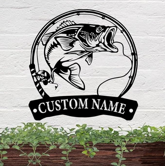 Bass Fishing Custom Metal Sign | 12 Inch Square | Modern Style | Personalized Name | Wall Mount | Home & Outdoor Decor - Bloomnest