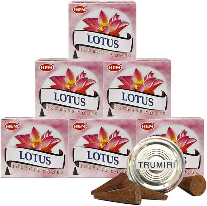 TRUMIRI Incense Cone Holder Bundle with Hem Lotus Incense Cones - Pack of 6 (Approx 60 Cones) TRUMIRI