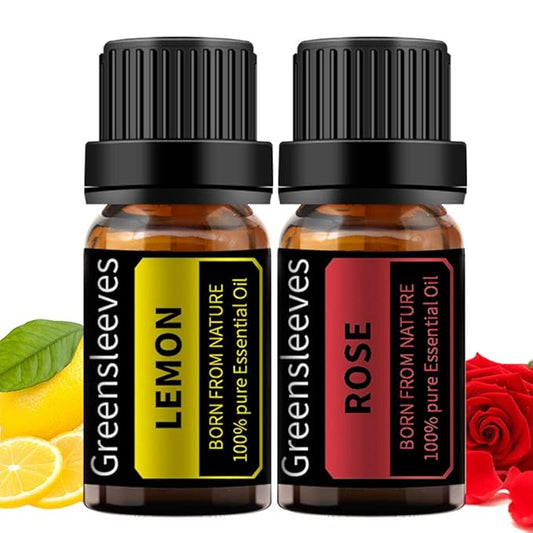 GREENSLEEVES Rose Lemon Essential Oil Set, 2 x 10ml Pure Plant-Based Fragrance Oil for Aromatherapy, Essential Oils for Diffuser, Massage, Bath Bomb, Scented Candle Soap Making GREENSLEEVES
