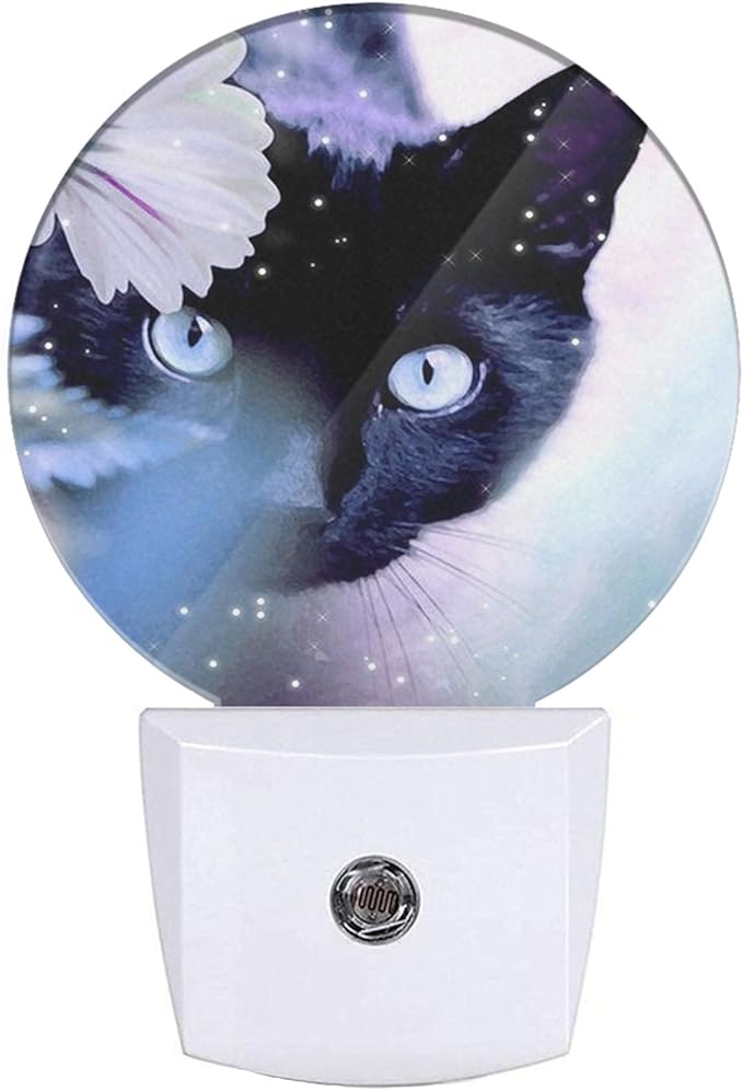 EKOBLA Kitten Animal LED Night Light Black Cat Hiding Behind White Flowers Dusk to Dawn Plug-in Nightlights Auto Sensor for Home Indoor Bathroom Hallway Kitchen - Bloomnest